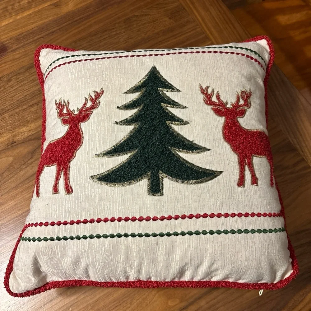 Secret Celebrity Christmas Cream Throw Pillow Red Deer Green Tree 14x14